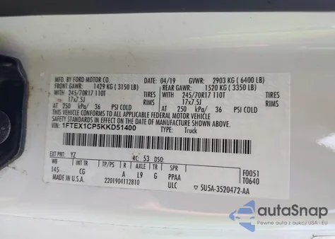 2019 Ford F-150 Xl из США, поврежденный, VIN 1FTEX1CP5KKD51400